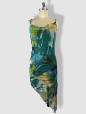 NWOT PrettyGarden Abstract Green Asymmetrical Slip Dress